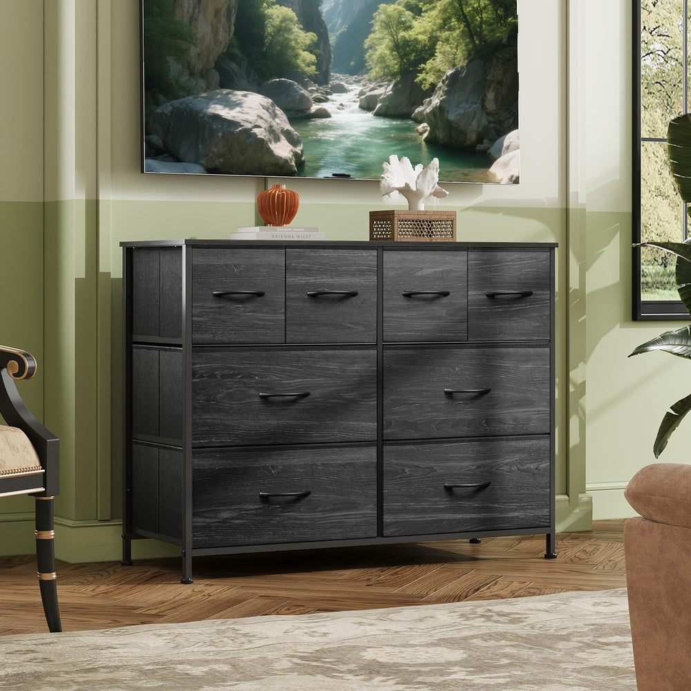 WLIVE dresser top surface detail with lamp and decor demonstrating sturdy FSC-certified wood top