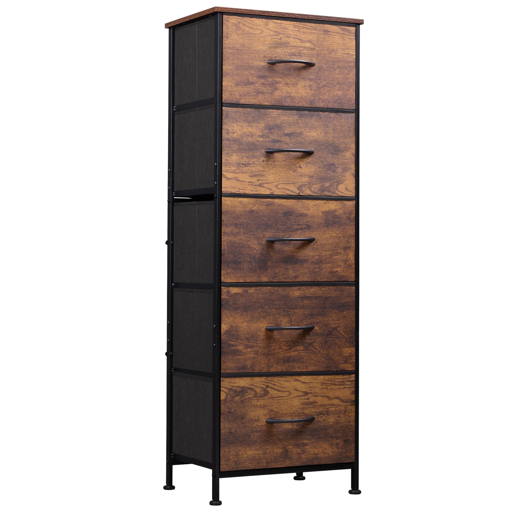 WLIVE front view of tall dresser showing rustic brown finish and slim profile benefit