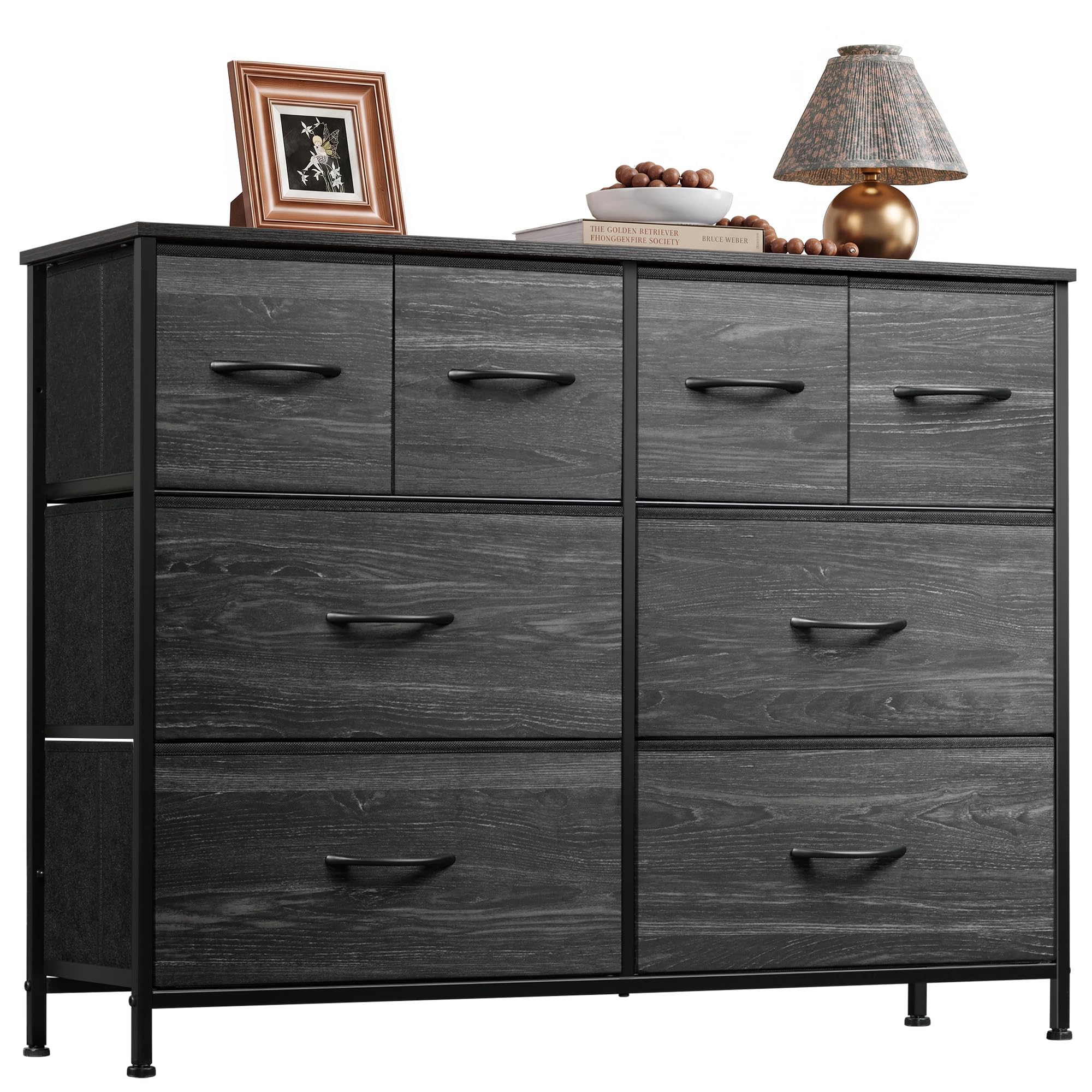 WLIVE wide dresser front view showing eight drawers and black wood grain finish for organized storage