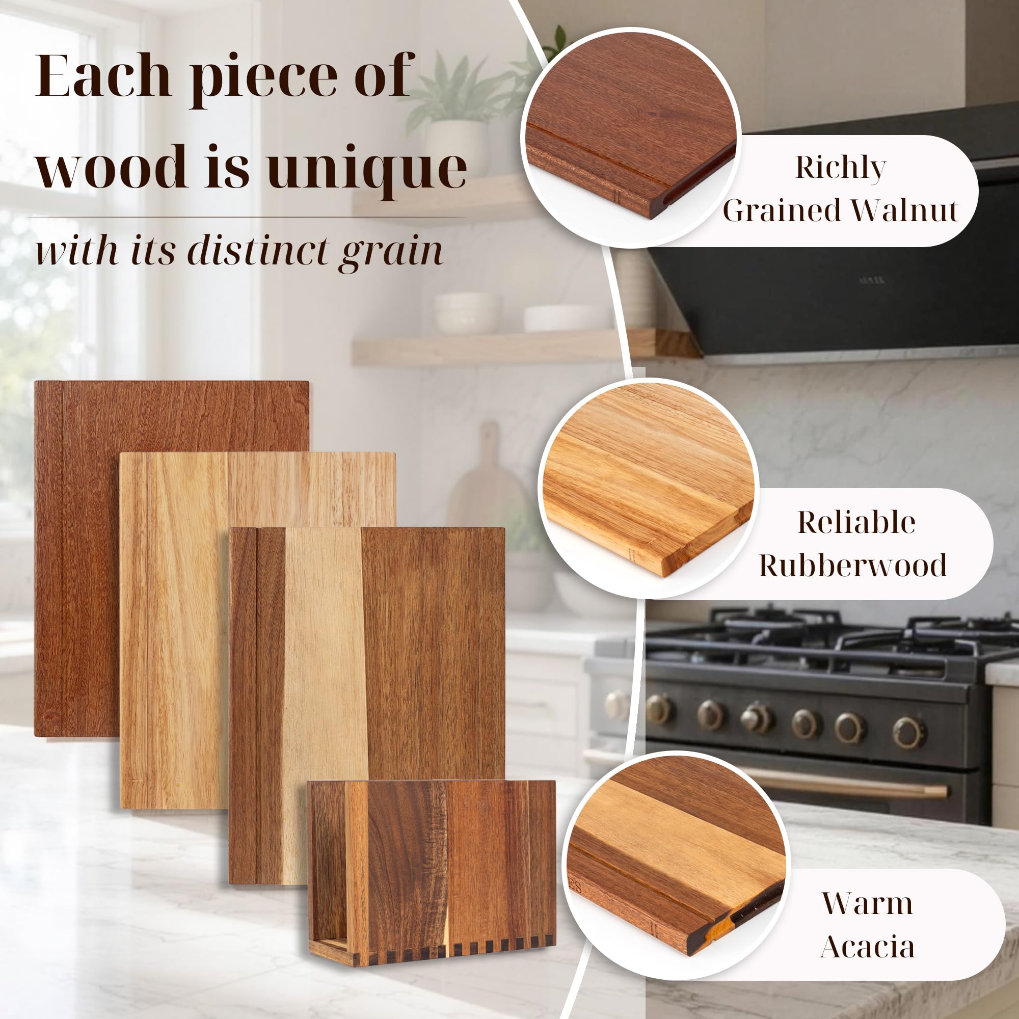 Wnfou wooden stand holding boards upright to save counter space and stay organized