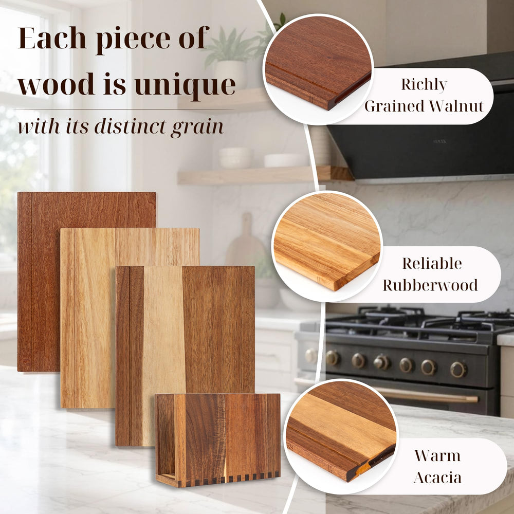 Wnfou wooden stand holding boards upright to save counter space and stay organized