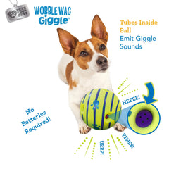 Wobble Wag Giggle pelota en acción con perro persiguiendo y estimulación activa