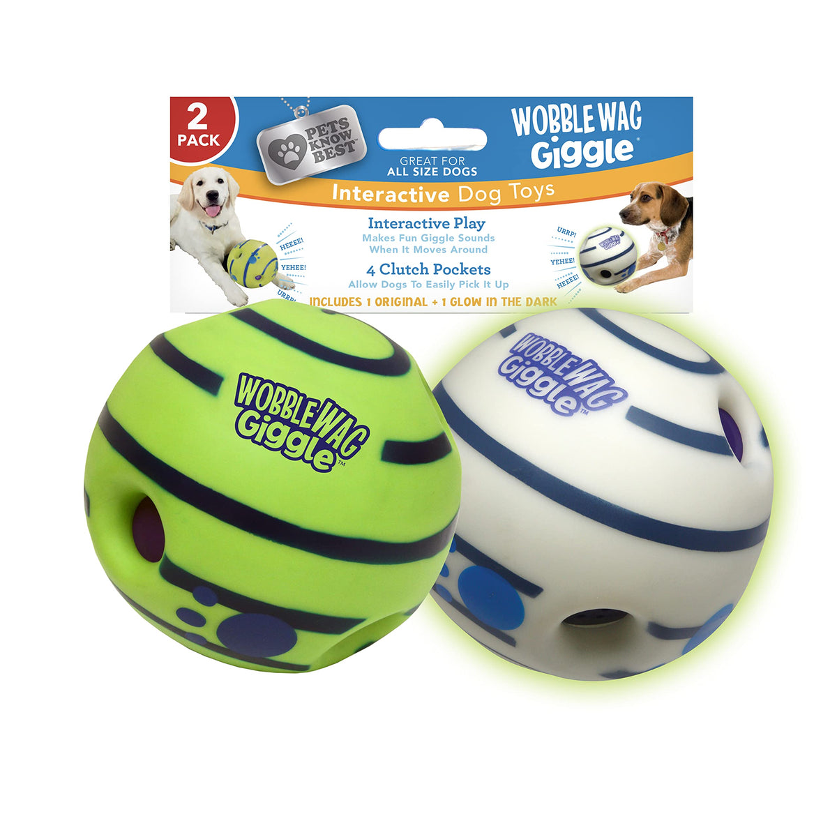 Wobble Wag Giggle vista frontal del pack mostrando ambas pelotas y beneficios de juego