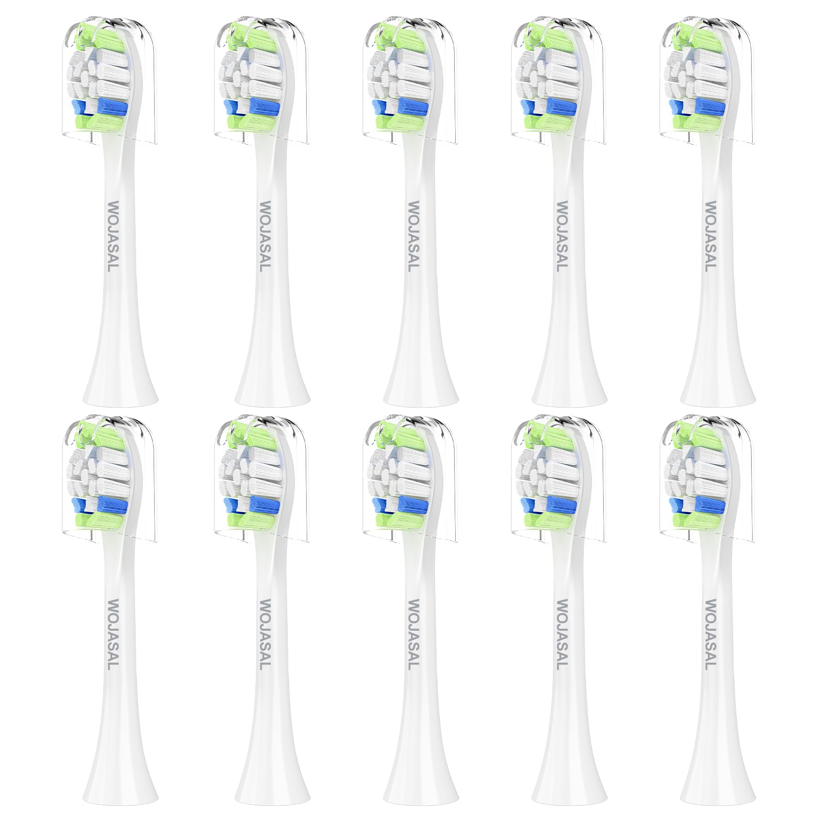 WOJASAL pack frontal mostrando 10 cabezales y tapas, conveniencia inmediata