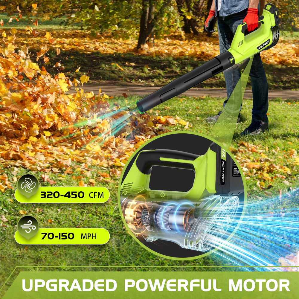 WOLFMEN blower clearing leaves on a patio for fast cleanup