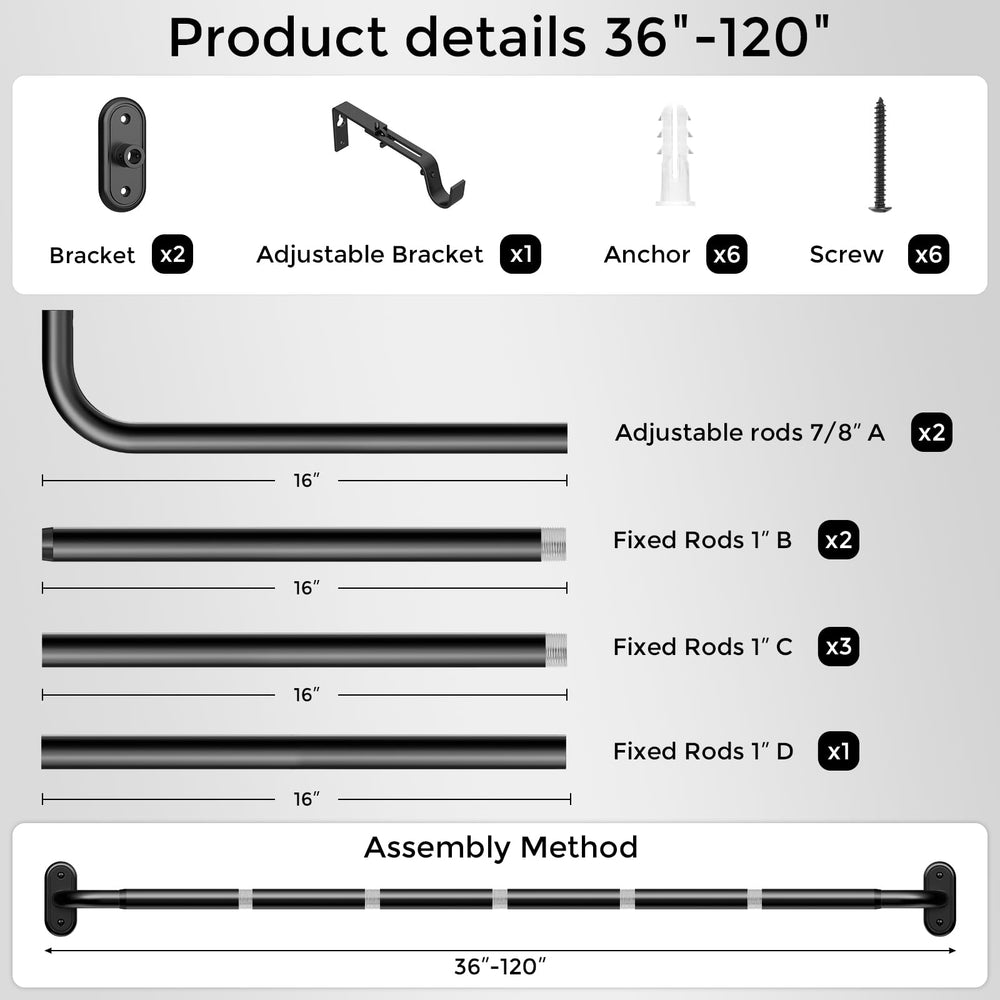 Wolistsa rod beside measuring tape illustrating adjustable 36 to 120 inch range