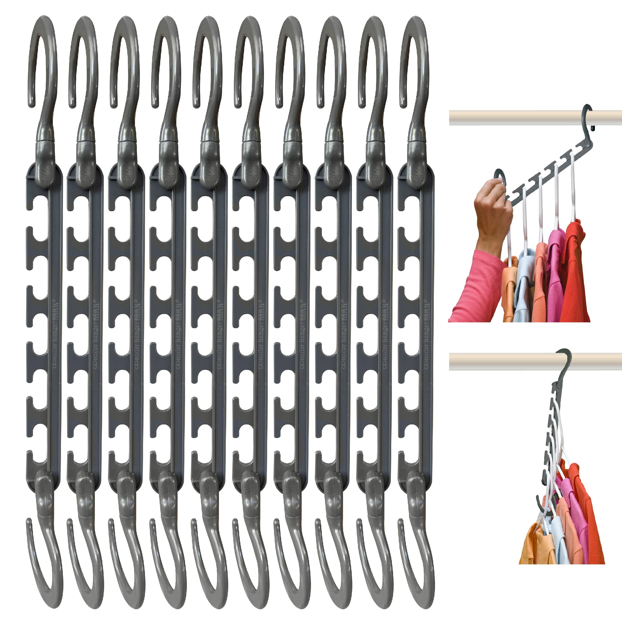 Wonder Hanger Max vista frontal del paquete mostrando ahorro de espacio