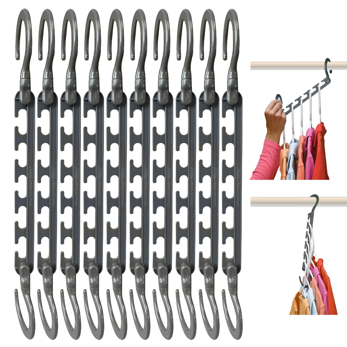 Wonder Hanger Max vista frontal del paquete mostrando ahorro de espacio