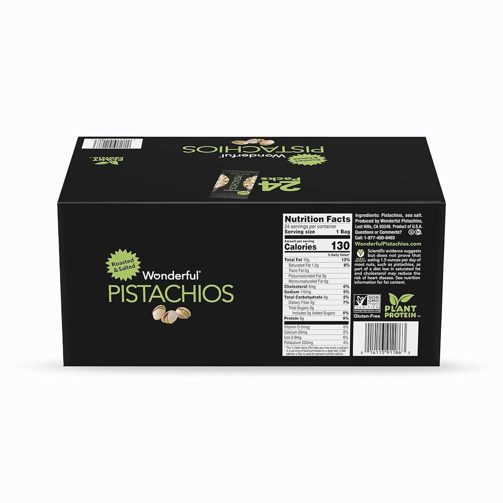 Wonderful Pistachios disposición de 24 bolsas mostrando paquete completo