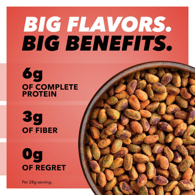 Wonderful Pistachios close-up showing chili seasoning and crunchy texture for bold taste