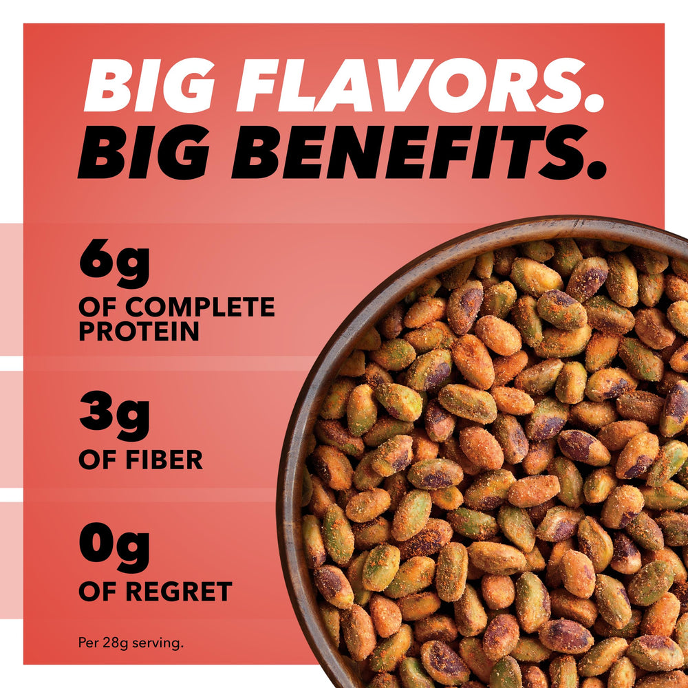Wonderful Pistachios close-up showing chili seasoning and crunchy texture for bold taste