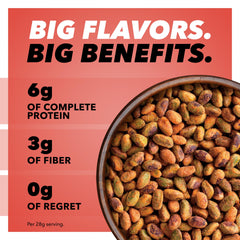 Wonderful Pistachios close-up showing chili seasoning and crunchy texture for bold taste