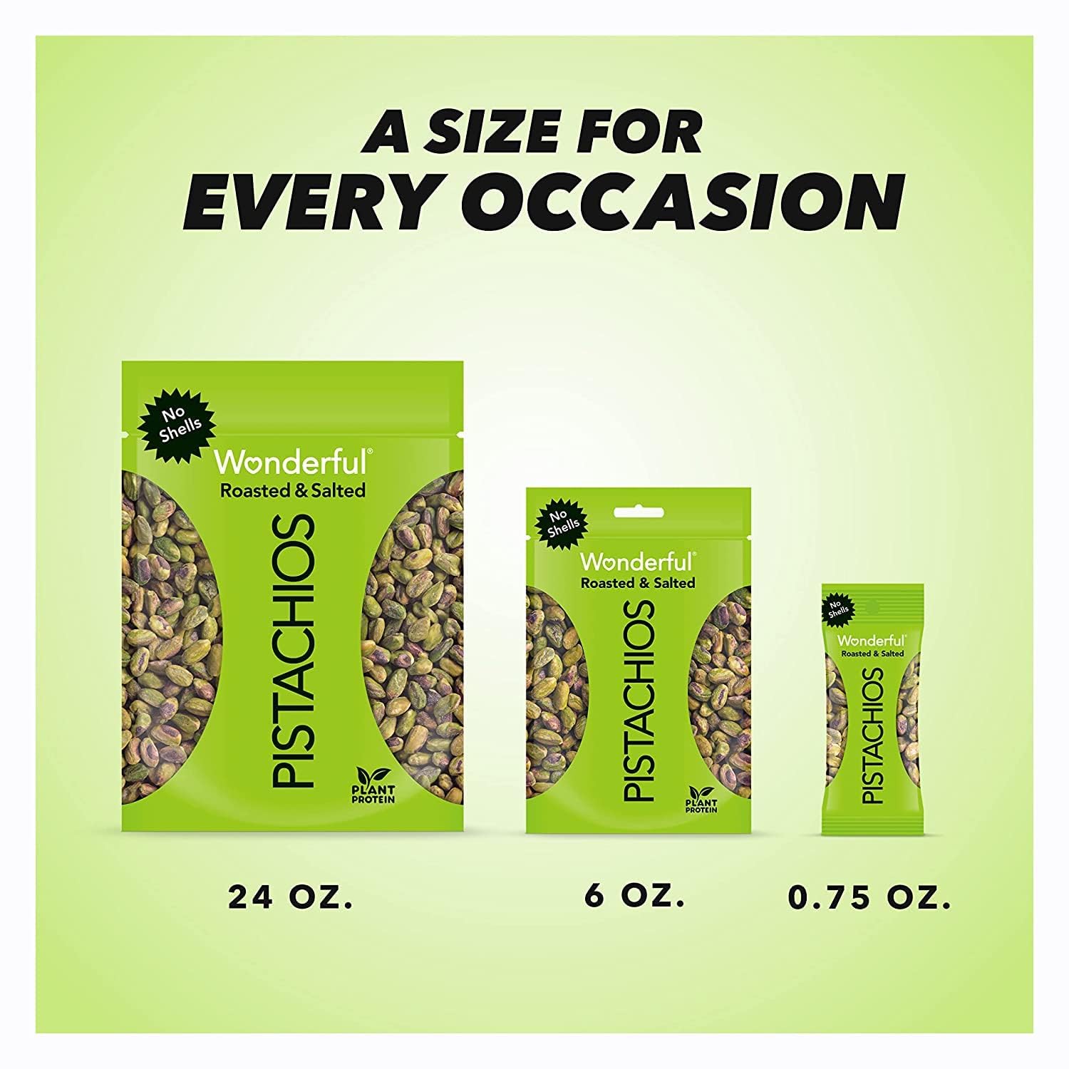 Wonderful Pistachios comparación de tamaño mostrando cantidad en bolsa grande