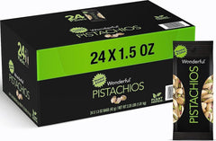 Wonderful Pistachios empaque frontal mostrando 24 bolsas para conveniencia