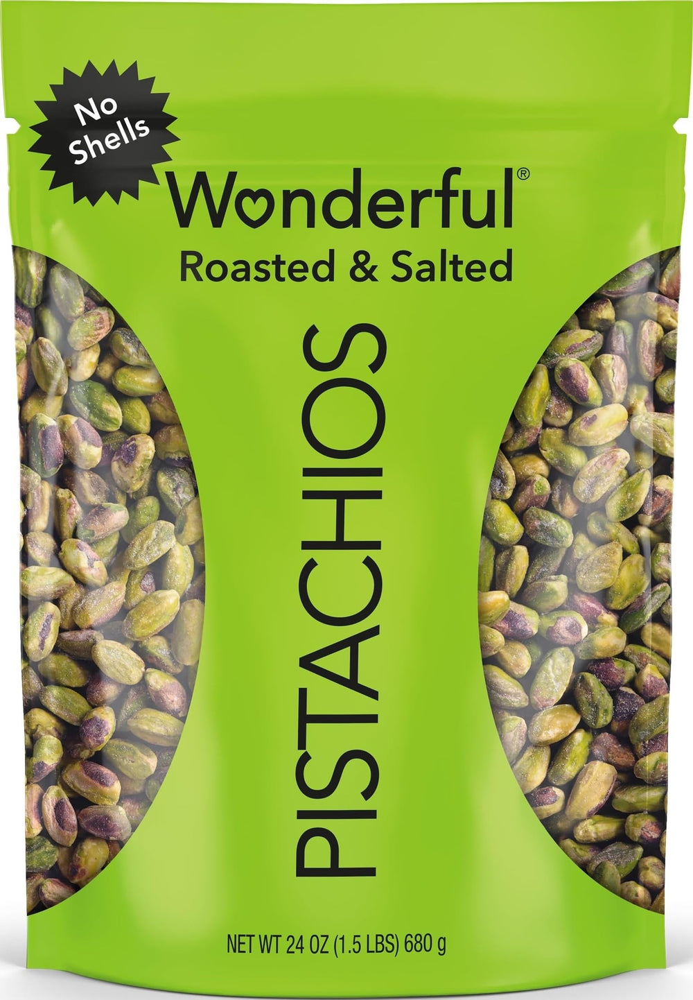 Wonderful Pistachios bolsa frontal que muestra 24 oz y conveniencia para snacks
