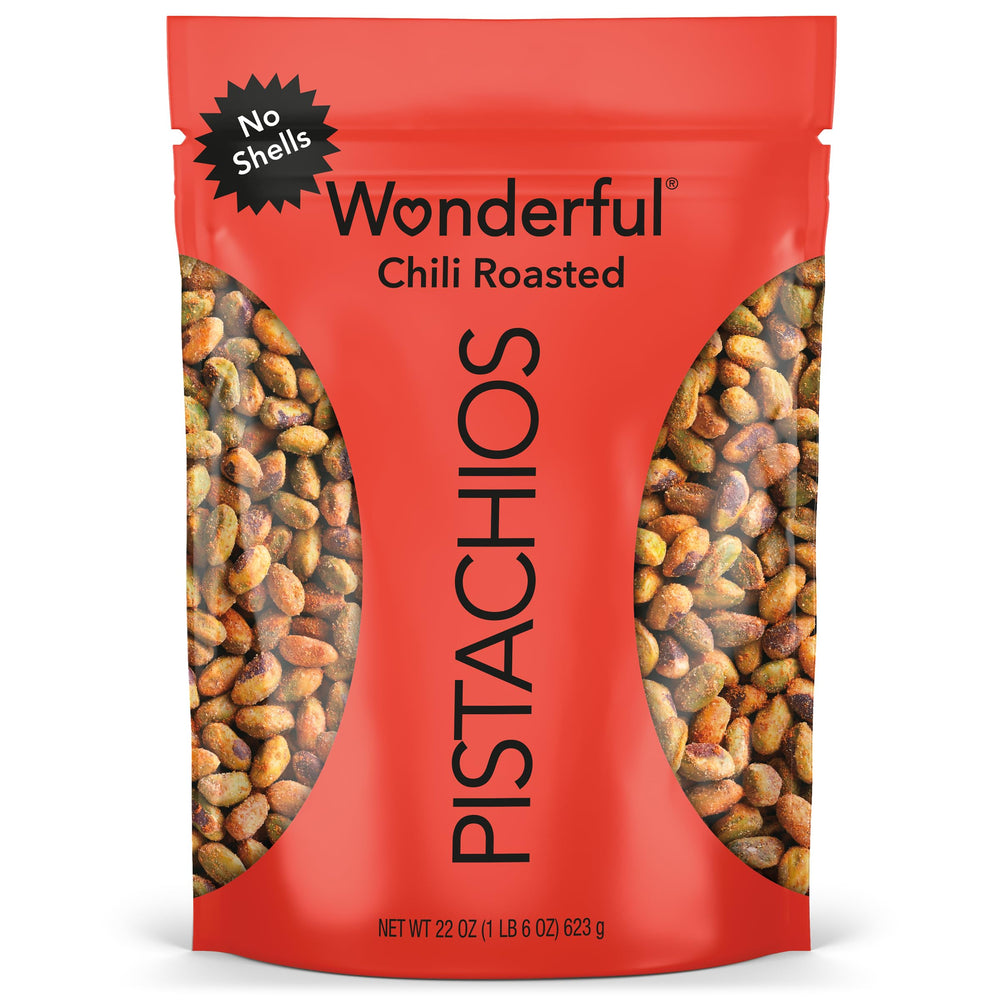 Wonderful Pistachios front packaging showing chili roasted flavor and resealable bag benefit