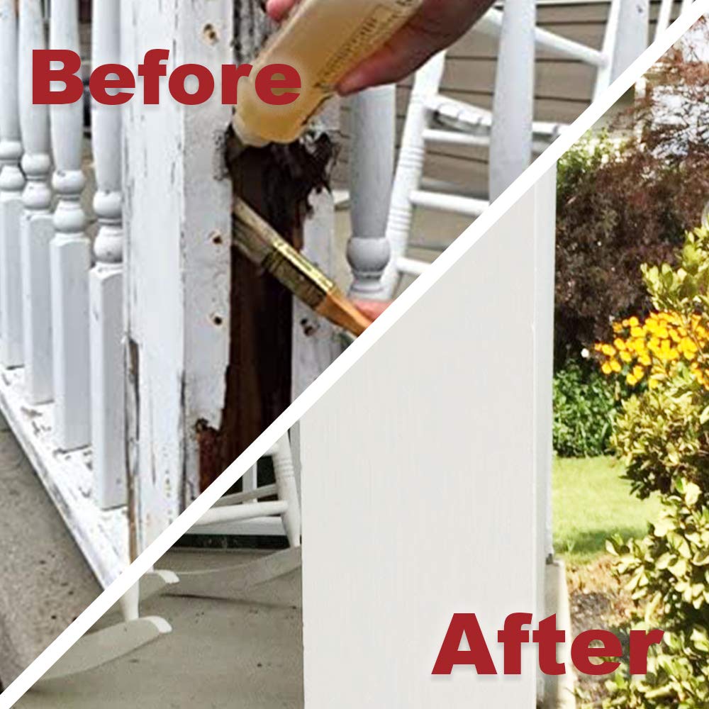 Before-and-after wood sill repair using PC-Petrifier and PC-Woody demonstrating restored strength