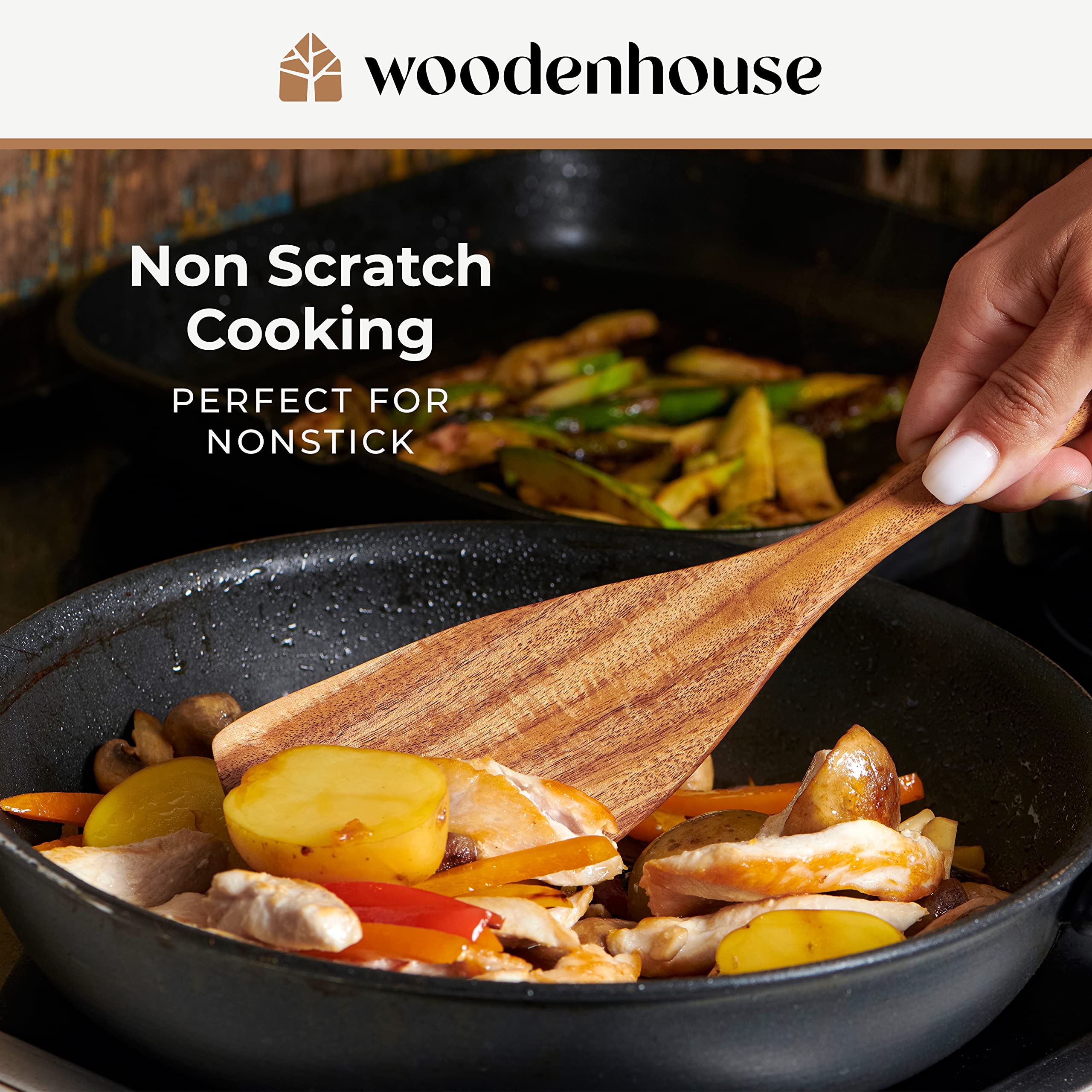 Woodenhouse espátula tipo wok removiendo vegetales sin rayar la sartén antiadherente
