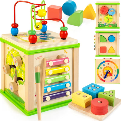 WOODMAM vista frontal del cubo mostrando todas las actividades, estimula juego variado