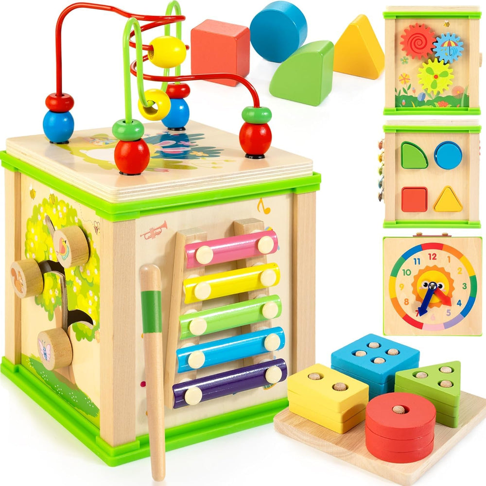 WOODMAM vista frontal del cubo mostrando todas las actividades, estimula juego variado