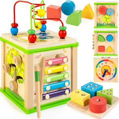 WOODMAM vista frontal del cubo mostrando todas las actividades, estimula juego variado