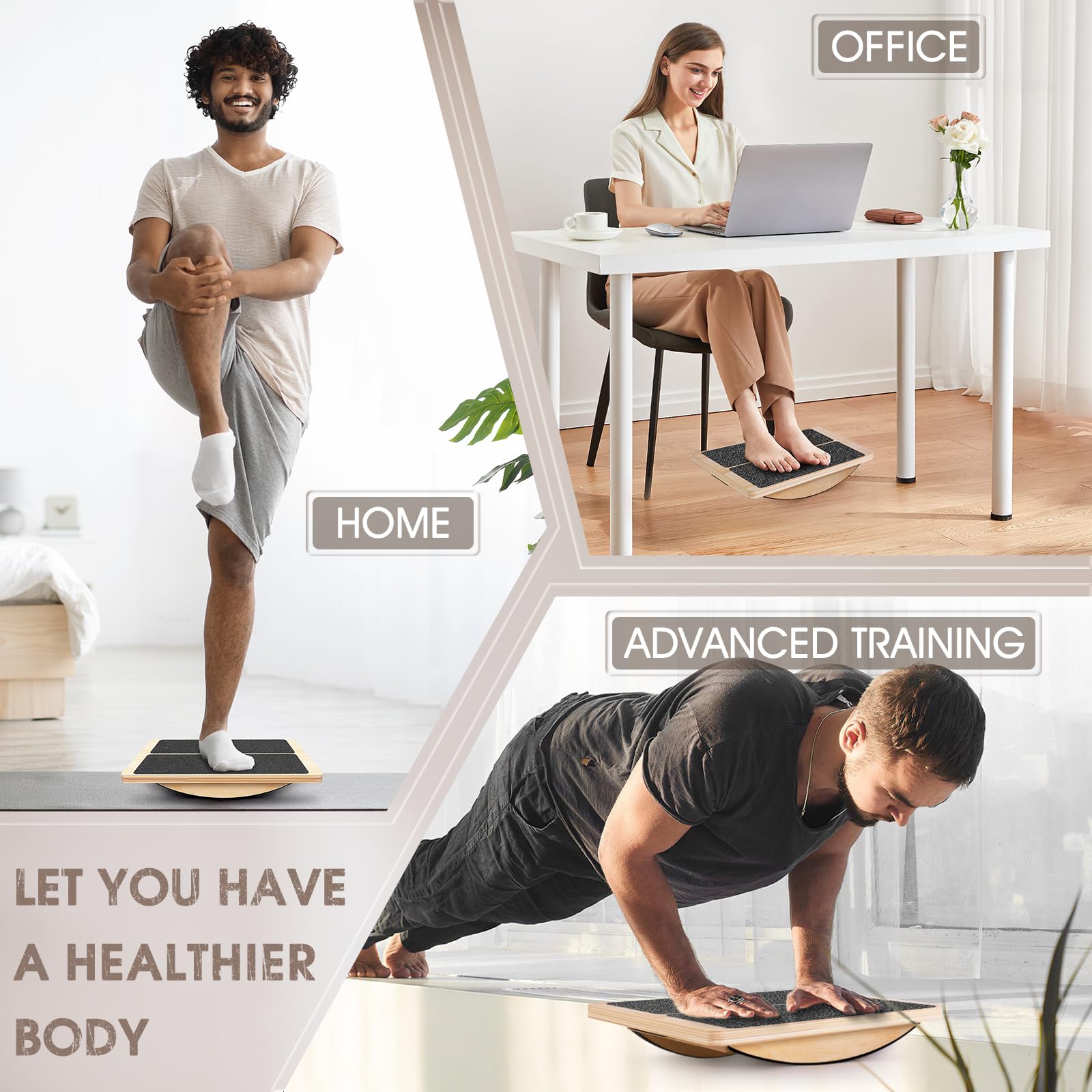 Woodure persona realizando ejercicios de equilibrio en casa para fortalecer tobillos y core
