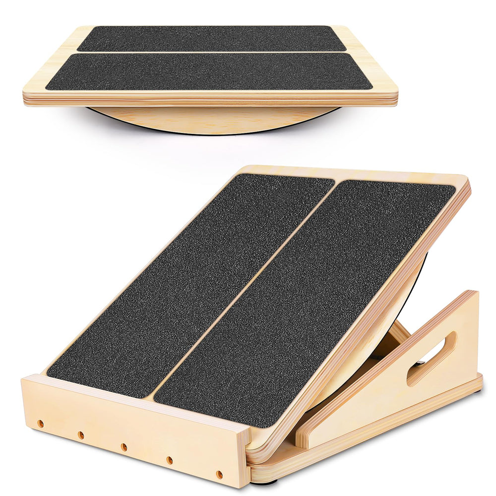 Woodure vista frontal del balance board y slant board mostrando diseño robusto y funcionalidad