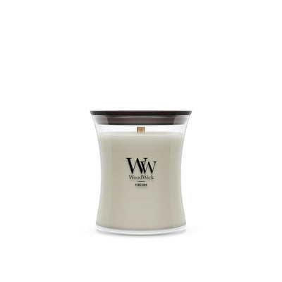 WoodWick Fireside frontal del envase mostrando diseño y tamaño
