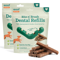 WOOF empaque frontal de repuestos Bite n' Brush mostrando paquete útil