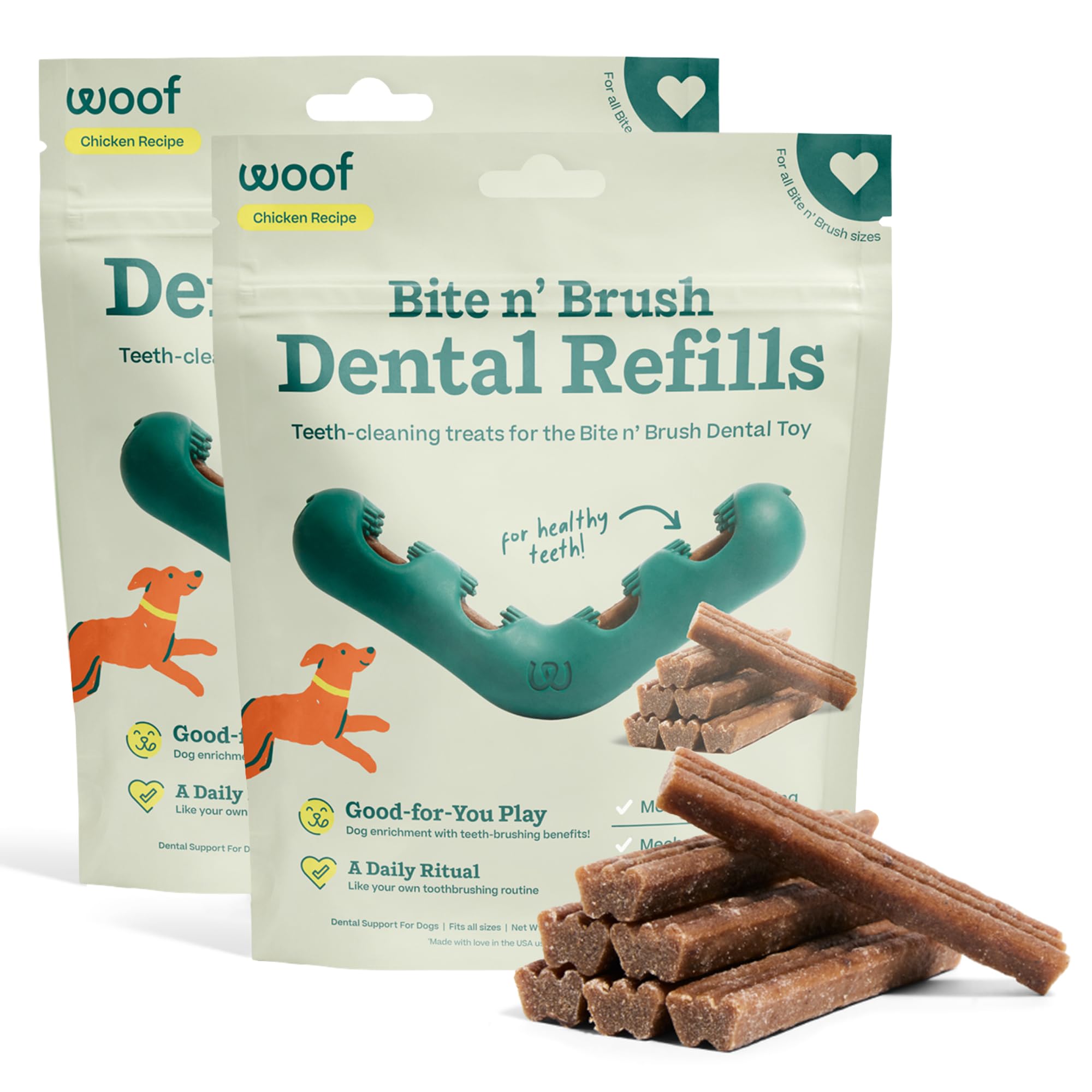 WOOF empaque frontal con recambios Bite n' Brush mostrando cantidad