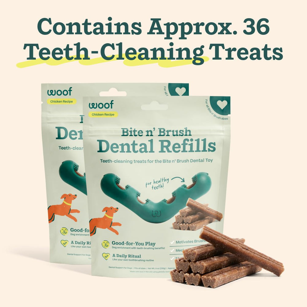 WOOF perro masticando el juguete con recambio mostrando entretenimiento dental