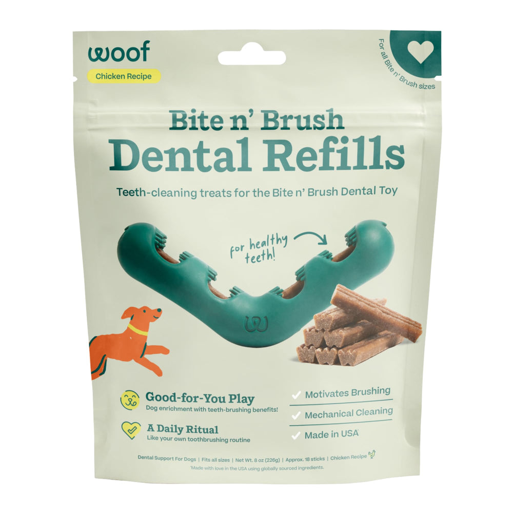 WOOF empaque frontal de recambios Bite n' Brush muestra 18 unidades y atractivo visual