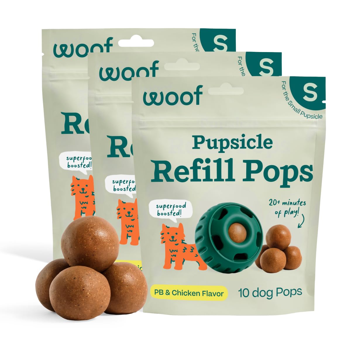WOOF front packaging showing small 10-count chicken refill pops for convenience