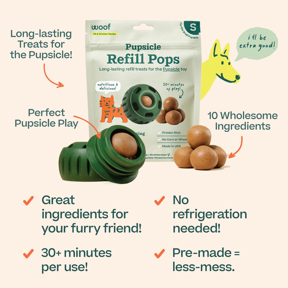 WOOF Pop inserted into Pupsicle toy demonstrating long-lasting dog engagement