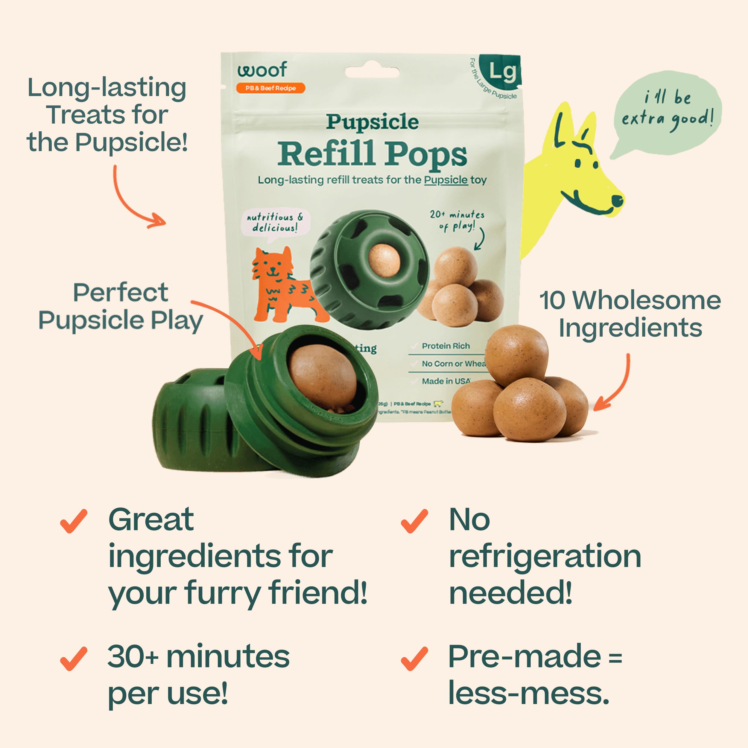 WOOF Pupsicle insertado en el juguete Pupsicle para uso limpio y sin líos