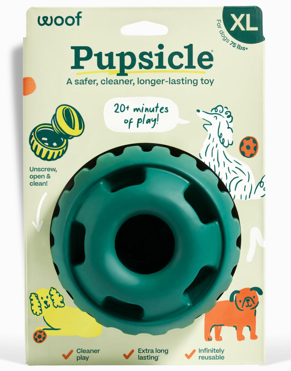 WOOF Pupsicle front packaging in green showing durable chew design and benefits