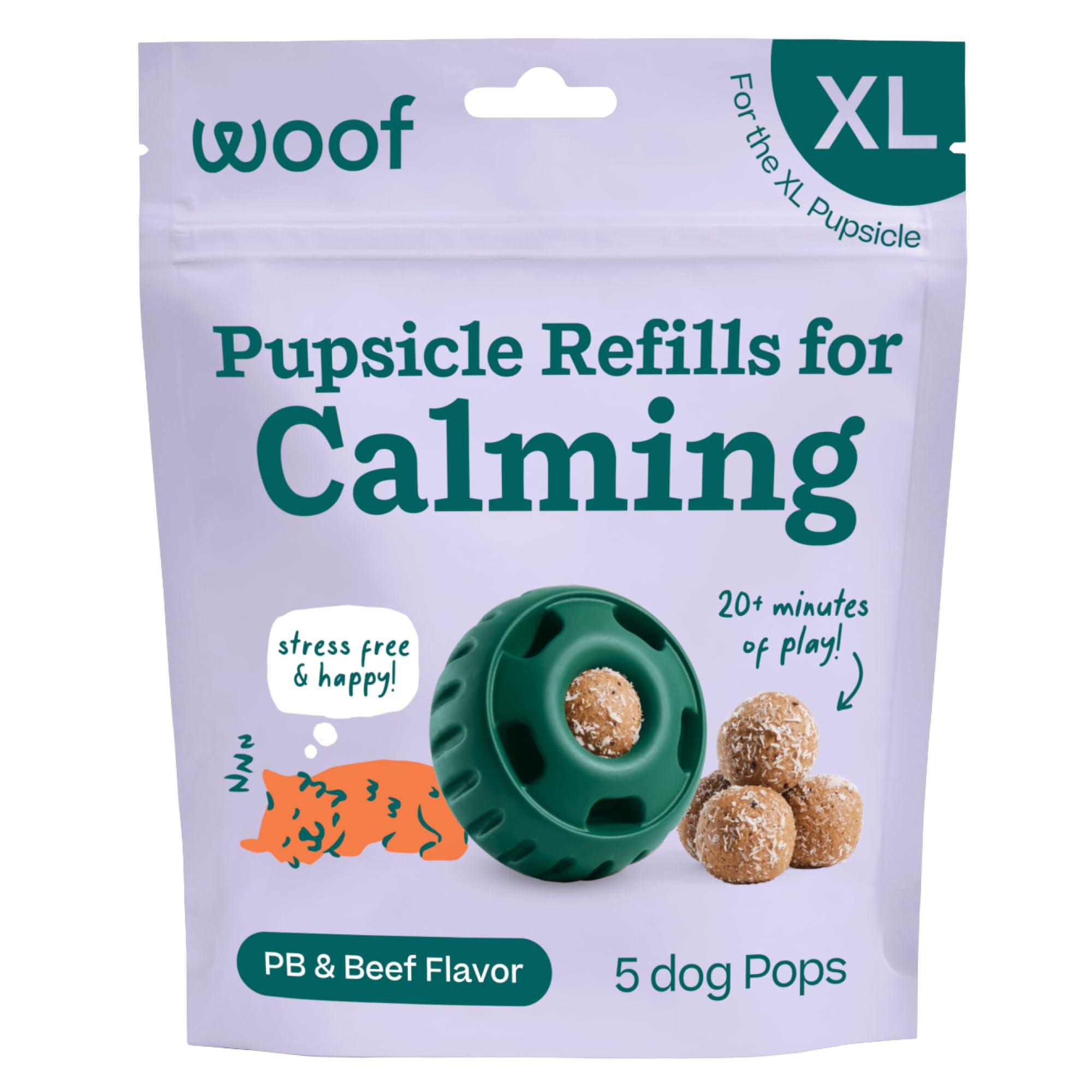WOOF empaque frontal que muestra recambios Pupsicle con información clara