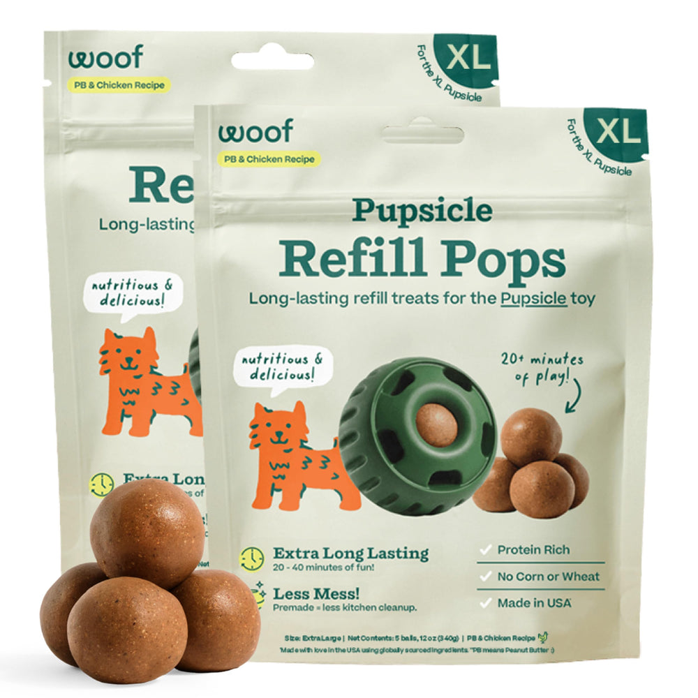 WOOF Pupsicle XL front packaging showing refill pack benefits