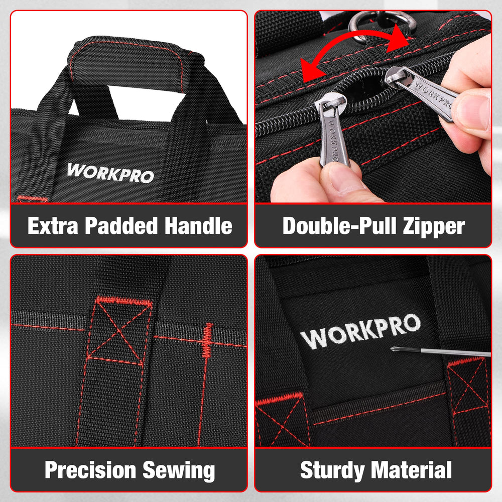 WORKPRO bolsillos interiores mostrando compartimentos para llaves y puntas