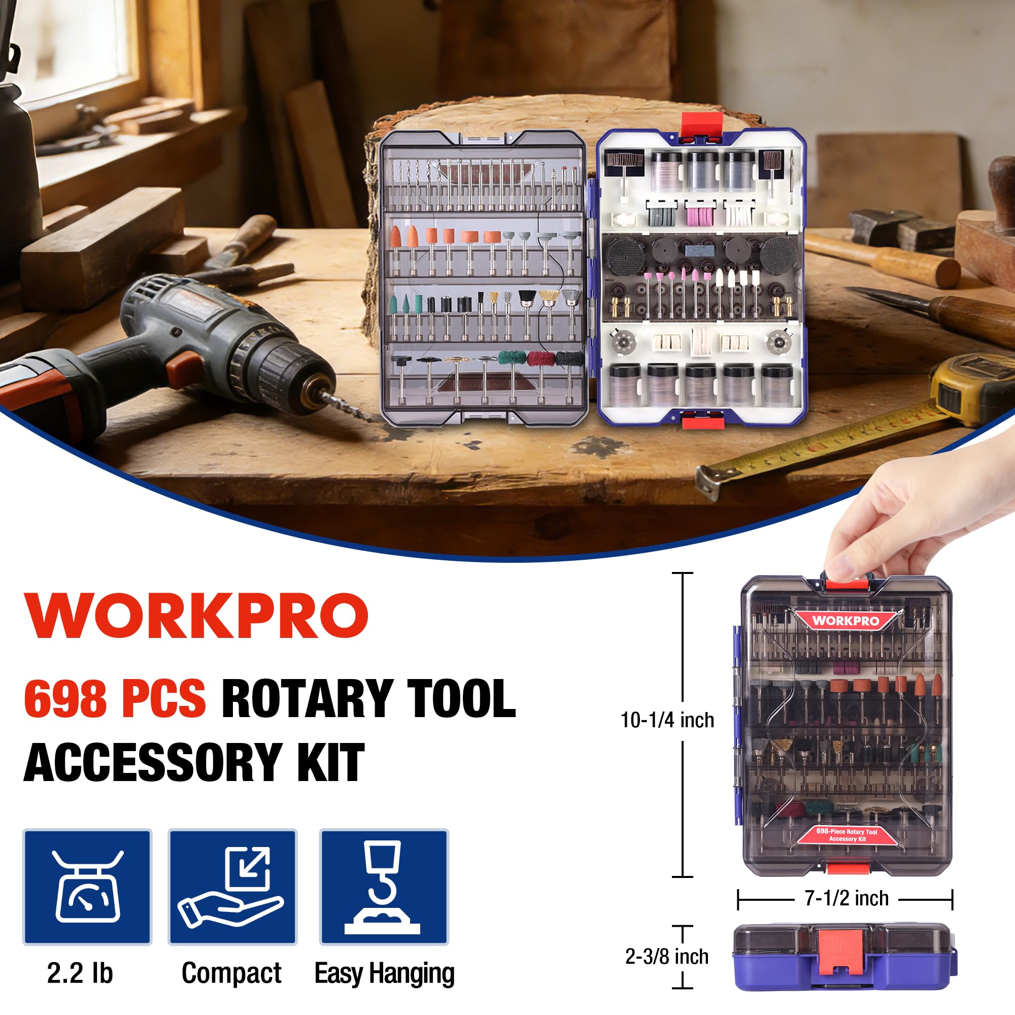 WORKPRO caja abierta con compartimentos que facilita elegir accesorios rápidamente