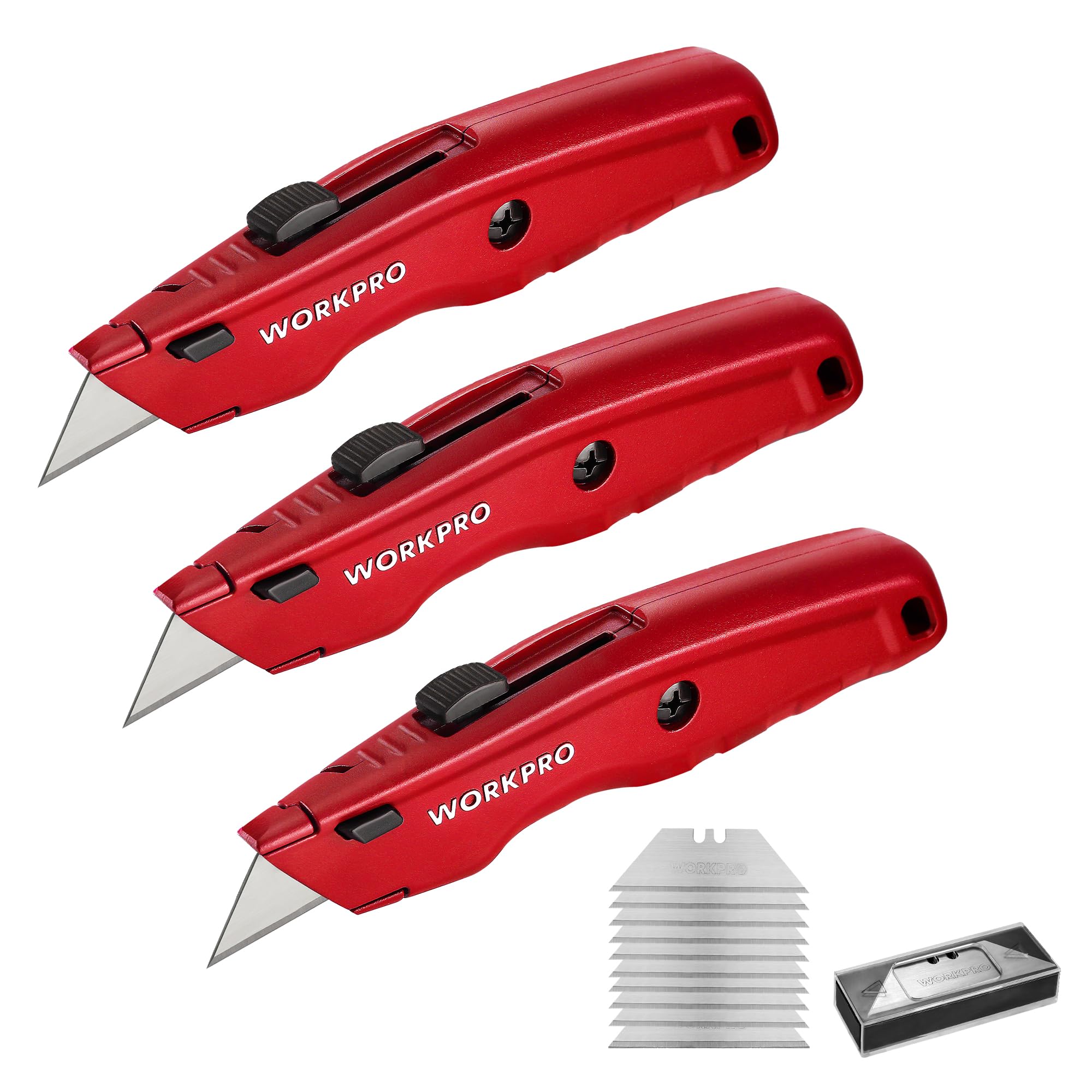 WORKPRO cuchillo frente del empaque mostrando kit de 3 unidades y 10 hojas