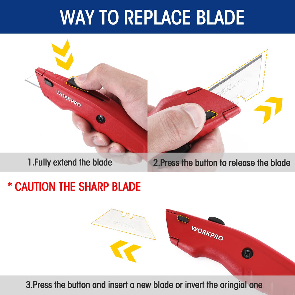 WORKPRO cuchillo junto a un bolígrafo mostrando tamaño compacto y portabilidad
