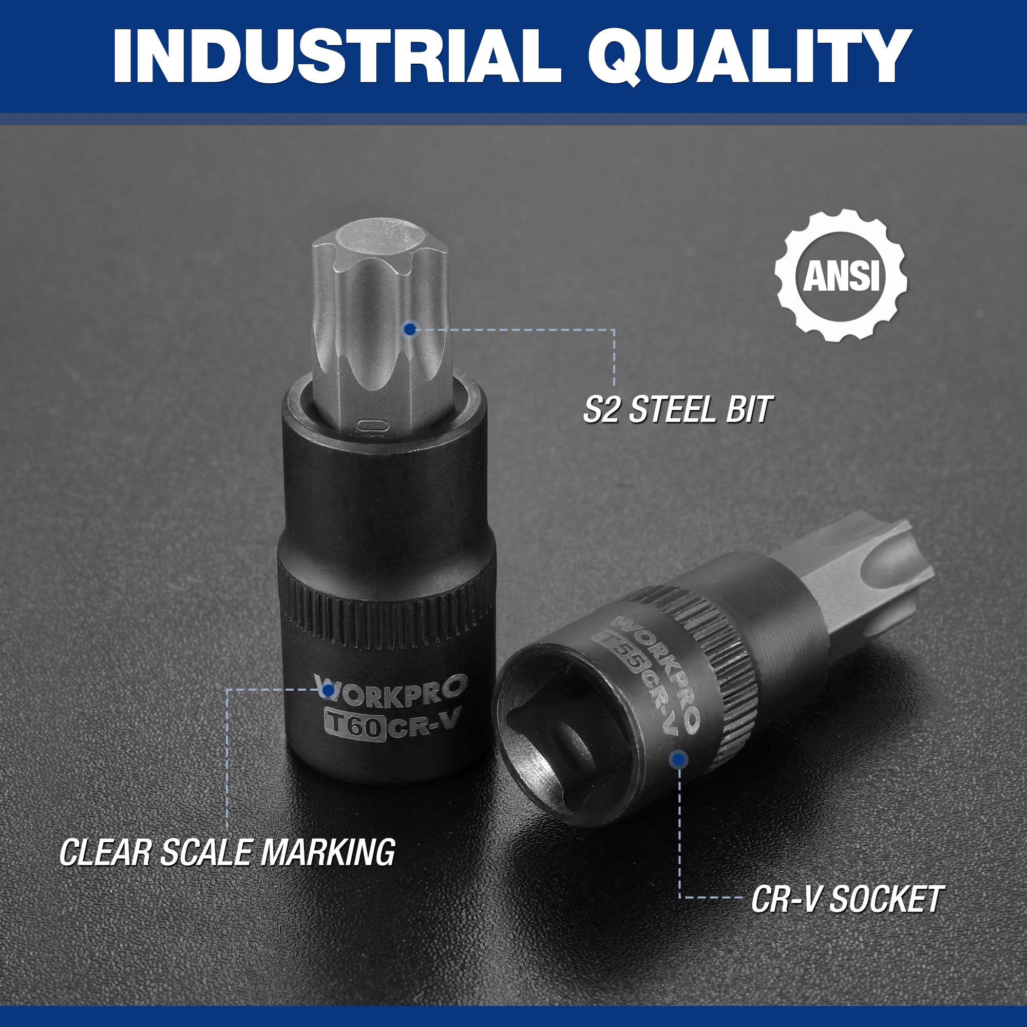 WORKPRO vaso CR-V cercano con grabado de tamaño y beneficio de torque