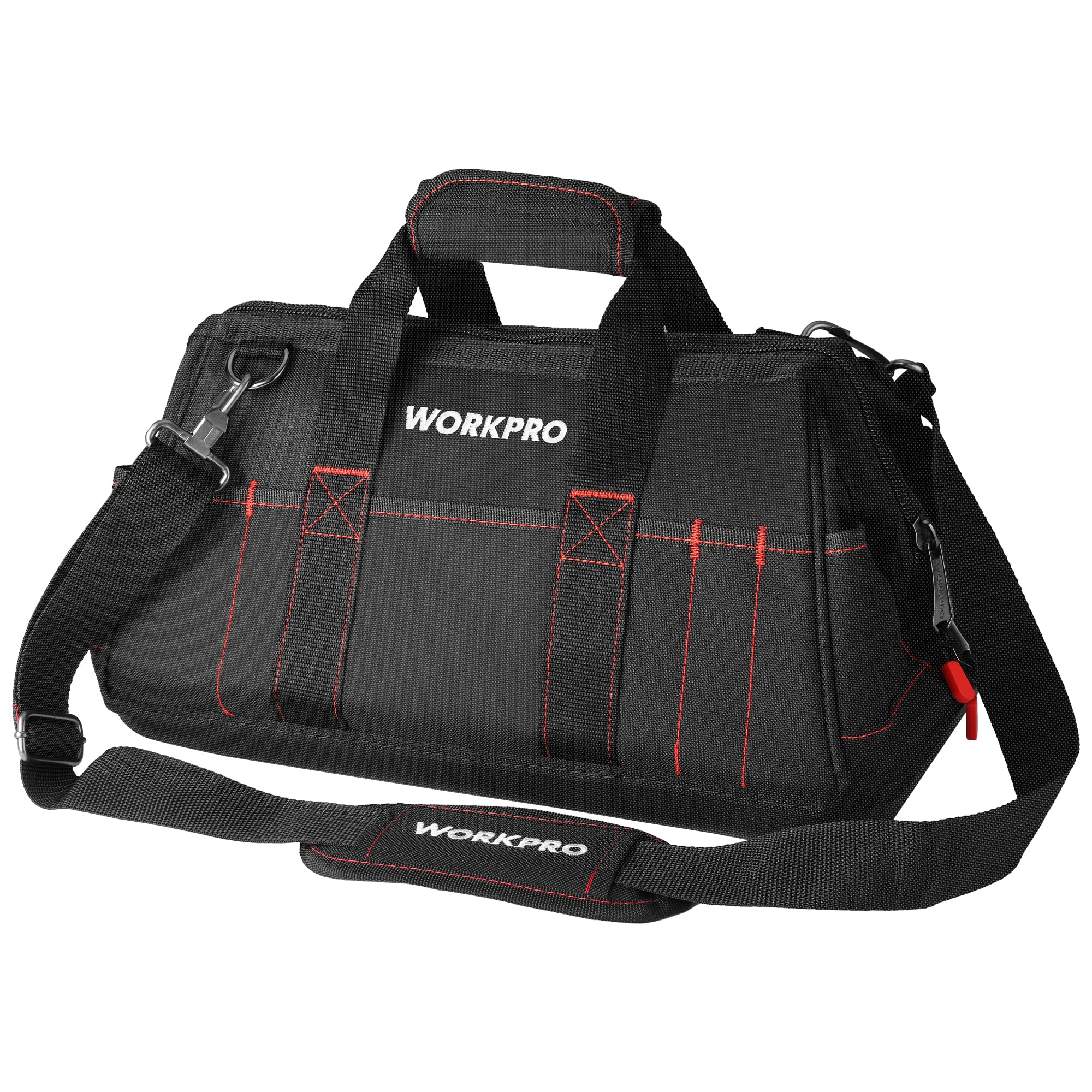 WORKPRO vista frontal de la bolsa portaherramientas mostrando capacidad y cierre