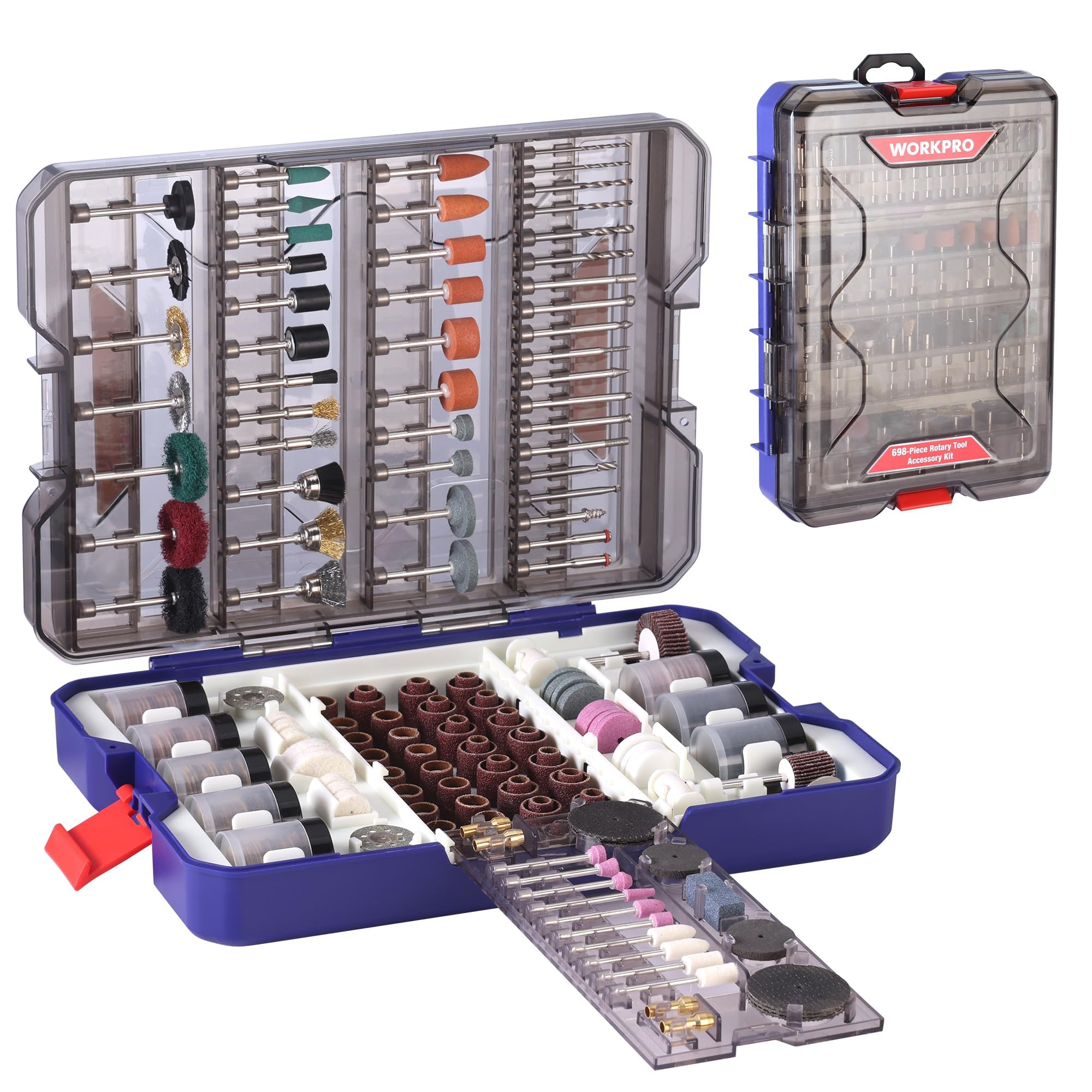 WORKPRO vista frontal del kit 698 piezas mostrando caja organizada y contenido útil