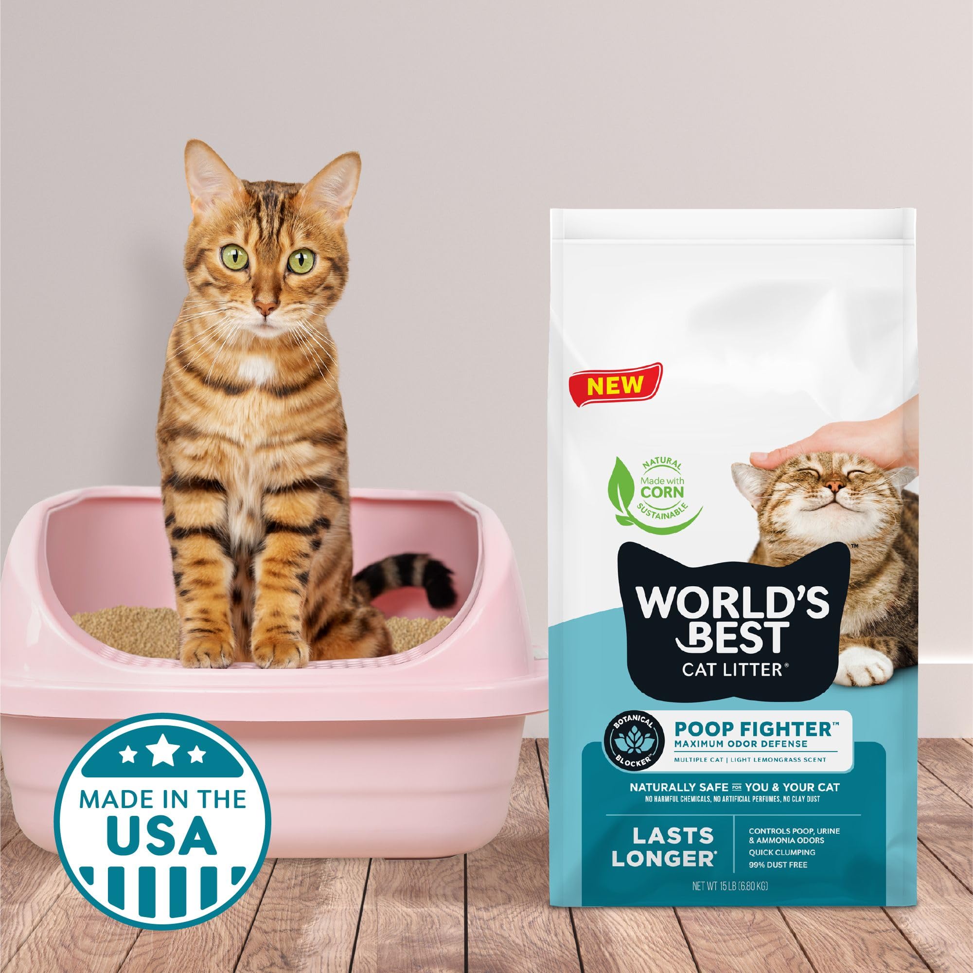 World's Best Cat Litter etiqueta con ingredientes naturales y beneficios claros