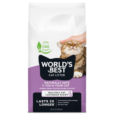 World's Best Cat Litter paquete frontal muestra tamaño y beneficio duración