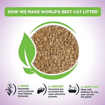 World's Best Cat Litter textura granulada de maíz absorción rápida visible