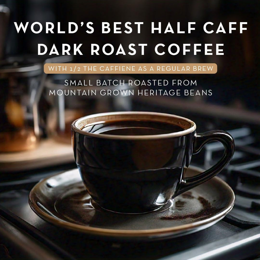 World's Best Half Caff primer plano de una cápsula que destaca sello y calidad del sello