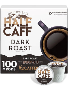 World's Best Half Caff vista frontal del empaque con 100 cápsulas mostrando cantidad y marca
